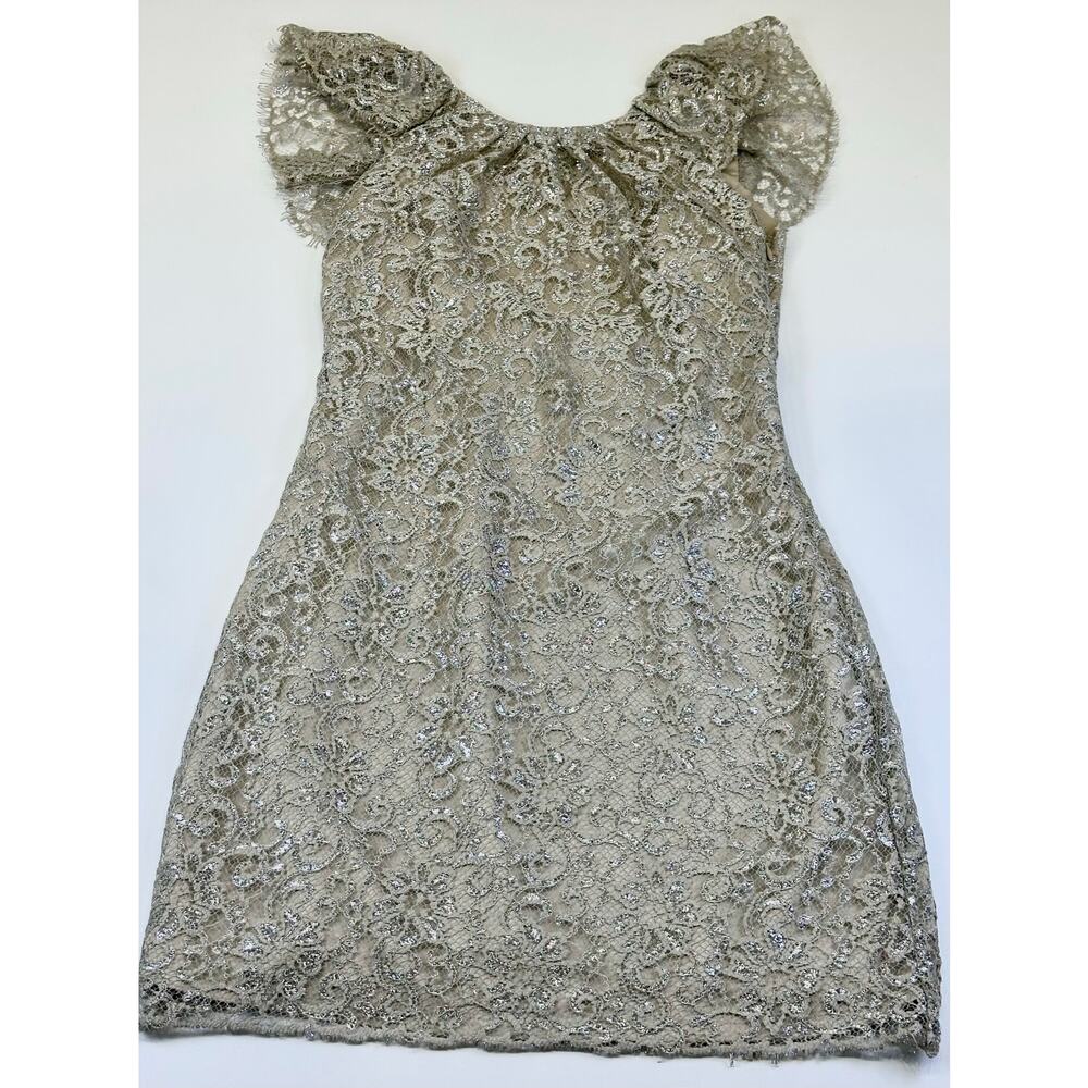 Free People Beige Silver Metallic Lace Mini Shift Dress Sleeves Size Small - Picture 8 of 13